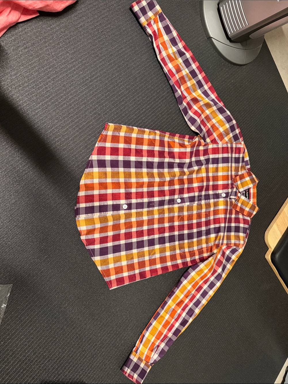 Long-Sleeve Plaid Button-Up Shirt - Orange & Purple with Shoulder Pads